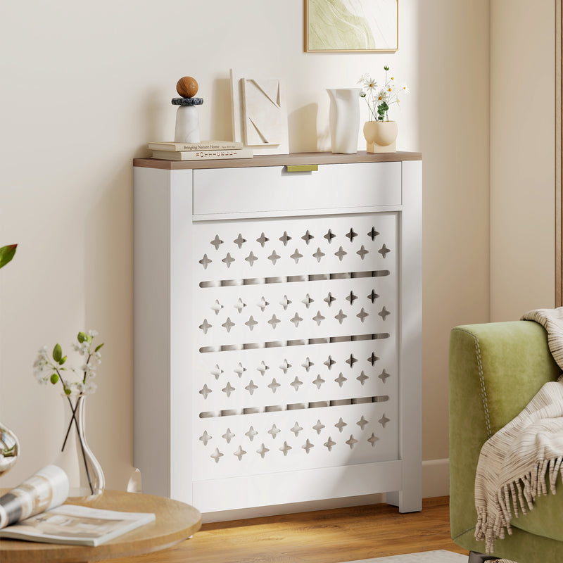 Radiator Cover with Storage Drawer Modern Slatted Design for Living Room White