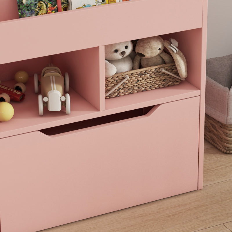 Kids Bookshelf and Toy Organiser with Drawer and Wheels for Easy Storage, Pink