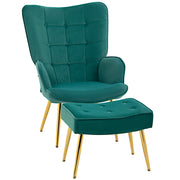 Velvet Wingback Armchair with Footstool for Living Room or Bedroom Steel Legs Dark Green