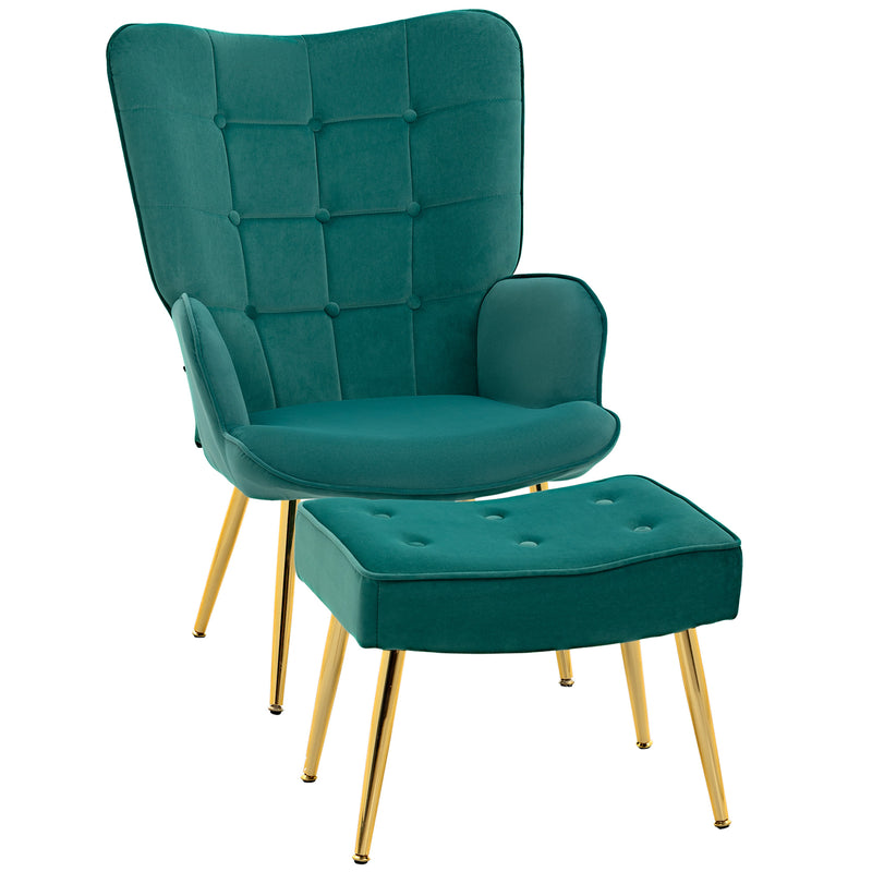 Velvet Wingback Armchair with Footstool for Living Room or Bedroom Steel Legs Dark Green