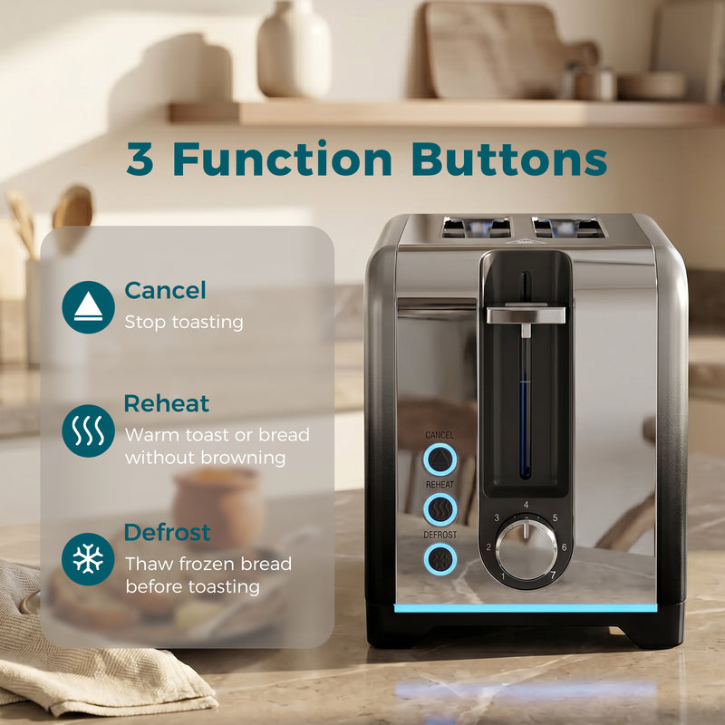 2 Slice Toaster with Wide Slots and 7 Browning Settings for Easy Breakfast Black