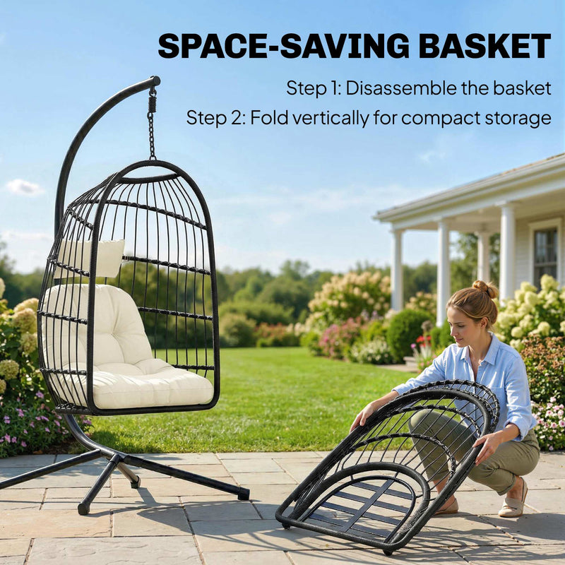 Hanging Egg Chair with Stand for Comfortable Outdoor Relaxation Foldable Basket Black Cream White Outsunny