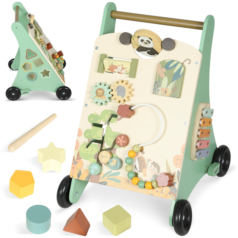 Wooden Baby Push Walker With Xylophone Bead Maze And Speed Control Toy Green AOSOM