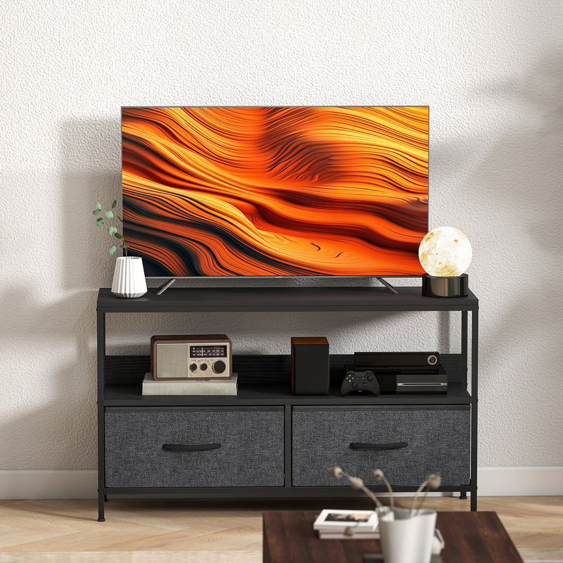 Black TV Stand Cabinet with 2 Foldable Fabric Storage Drawers Modern Entertainment Unit
