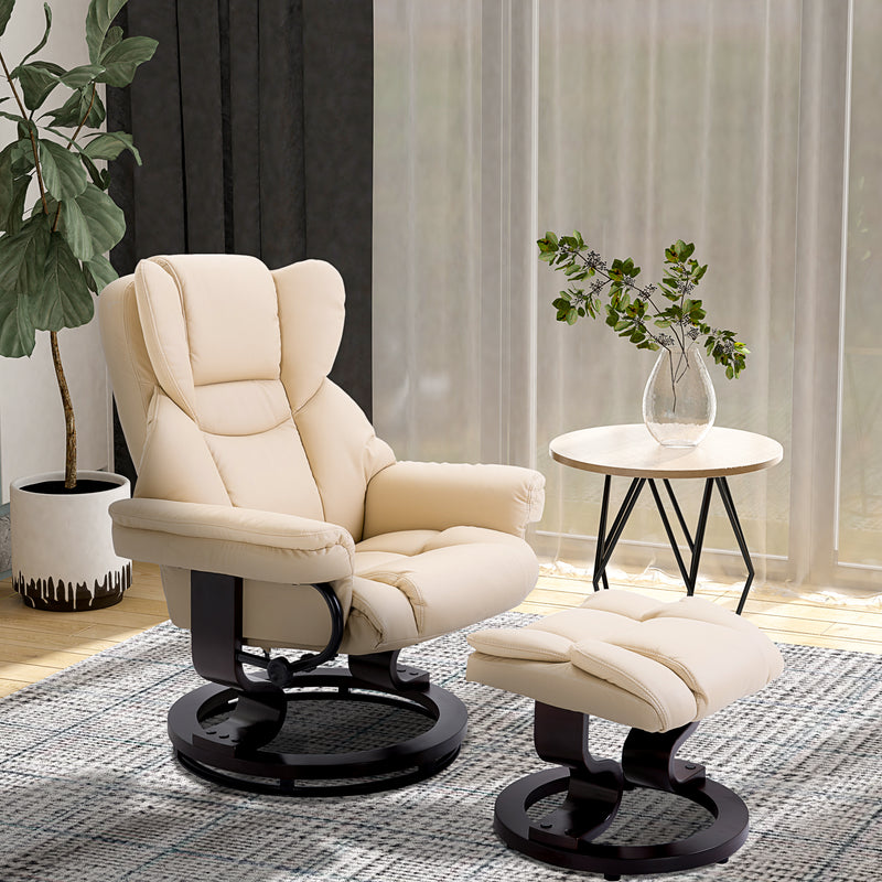 Recliner Chair and Footstool Set with Swivel Base and Adjustable Backrest for Lounge Cream