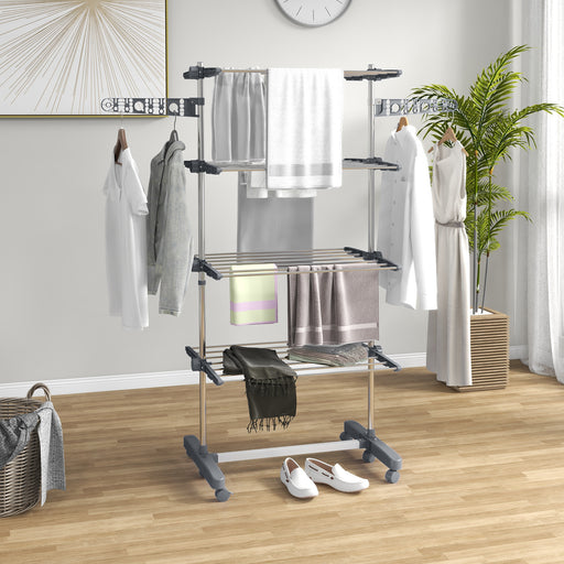 Foldable Clothes Drying Rack with Side Arms and Wheels for Indoor Use, Grey
