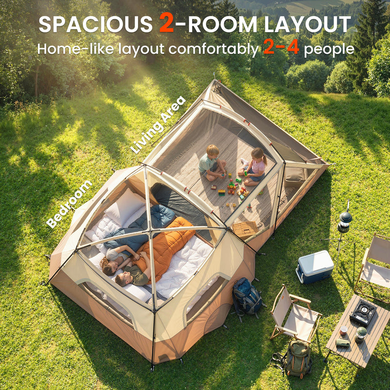 Family Camping Tent with Quick 2 Room Setup and Skylights for Easy Outdoor Living Brown Khaki