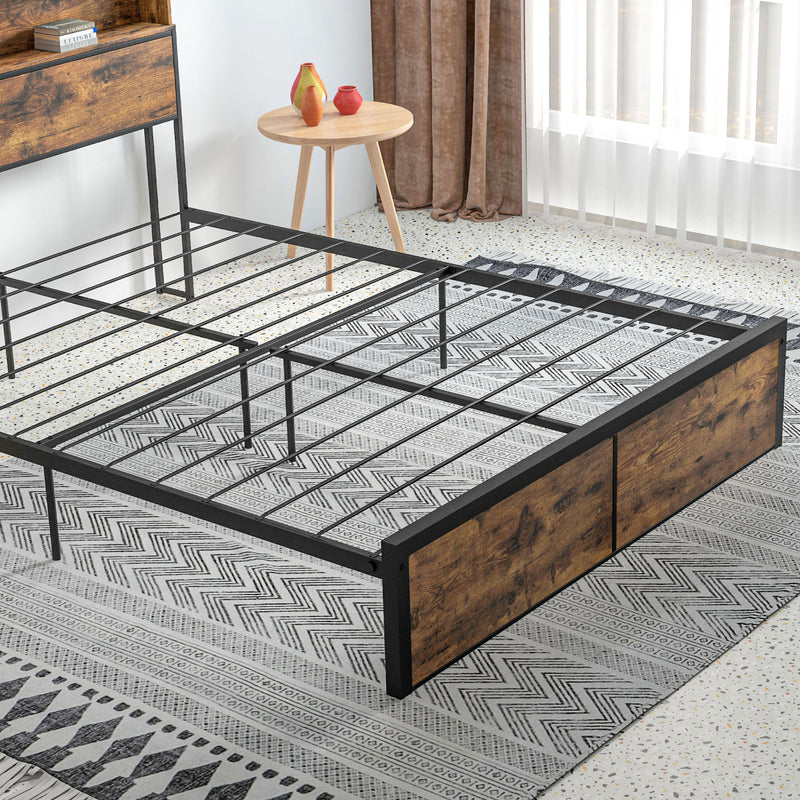King Size Industrial Bed Frame With Storage Headboard And Slatted Base Rustic Brown