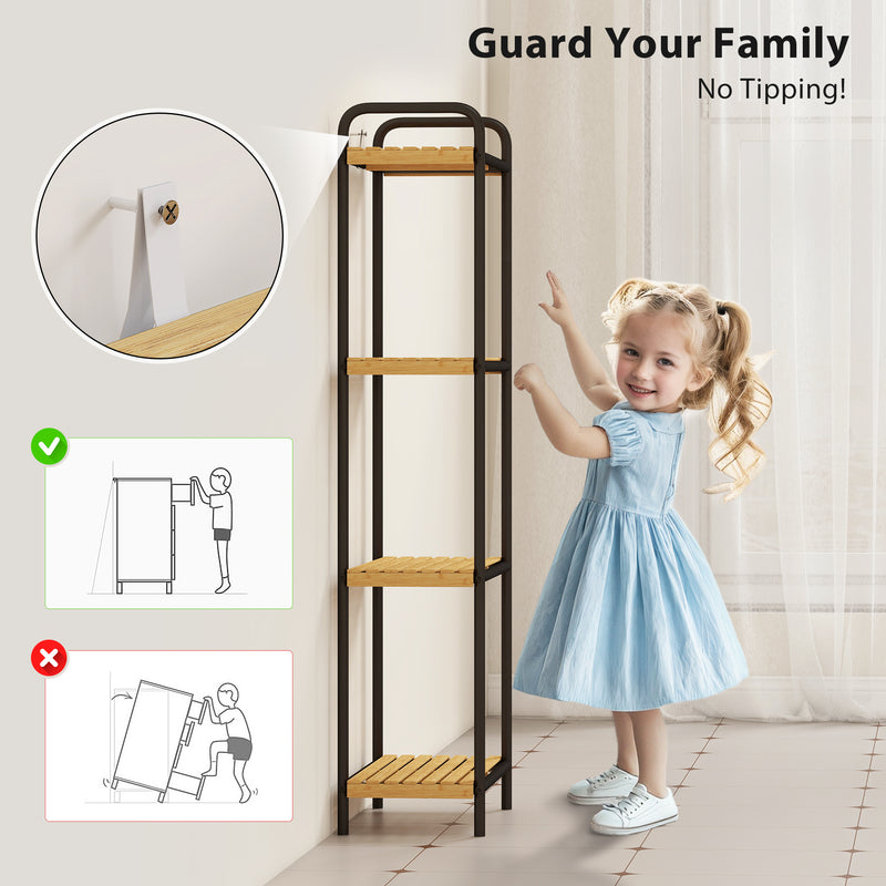 4 Tier Freestanding Bamboo Storage Shelf For Bathroom Or Kitchen With Slatted Design, Natural and Black