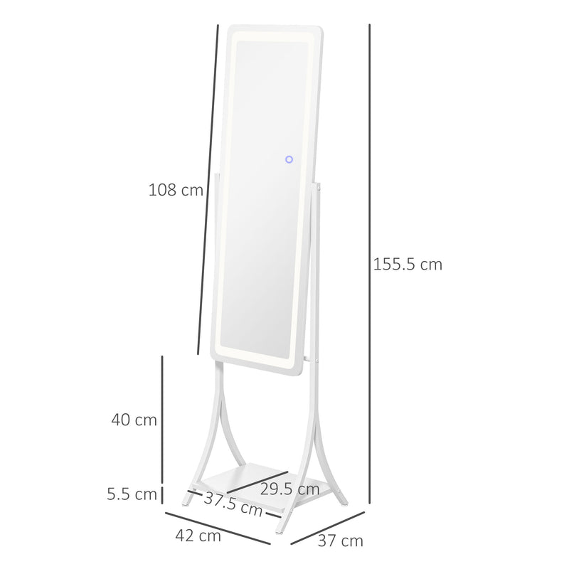 Full Length LED Dressing Mirror With Storage Shelf and 3 Light Modes, White