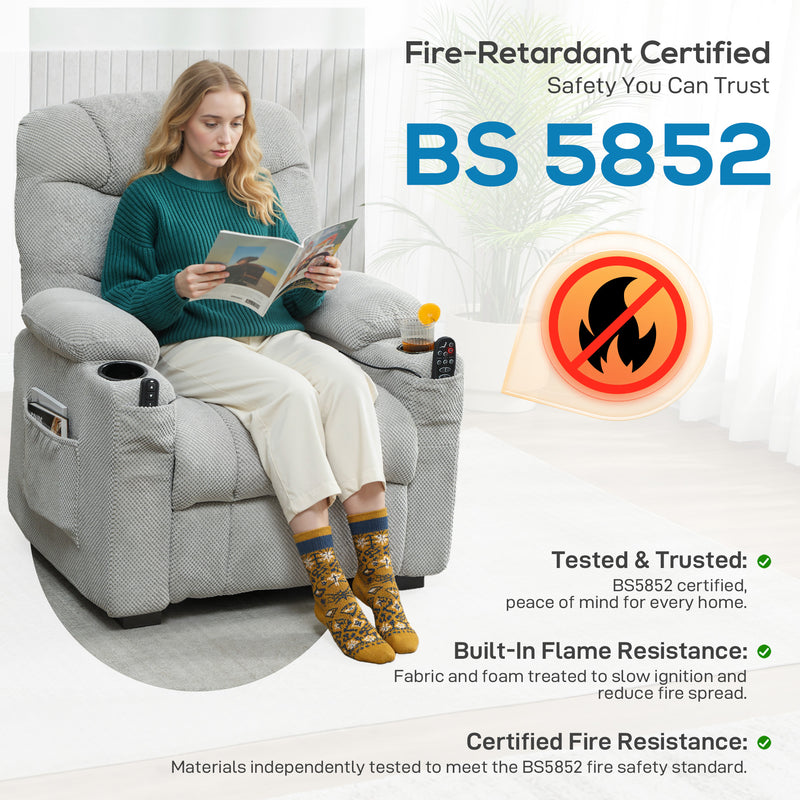 Electric Recliner Armchair with Massage Heat USB Port and Cup Holders for Lounge Grey AOSOM