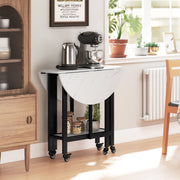 Folding Dining Table with Storage Shelf for Small Spaces on Wheels White Marble AOSOM