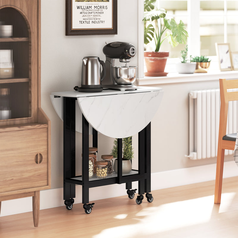 Folding Dining Table with Storage Shelf for Small Spaces on Wheels White Marble AOSOM