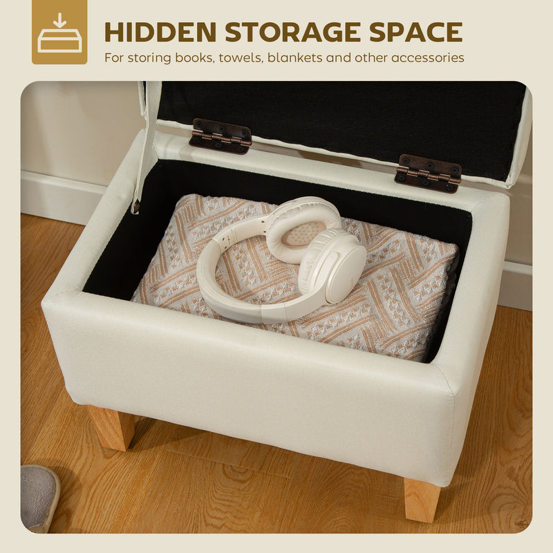 Beige Linen Storage Ottoman 16L with Padded Seat and Rubberwood Legs for Bedroom Use - 49W x 33D x 36H cm