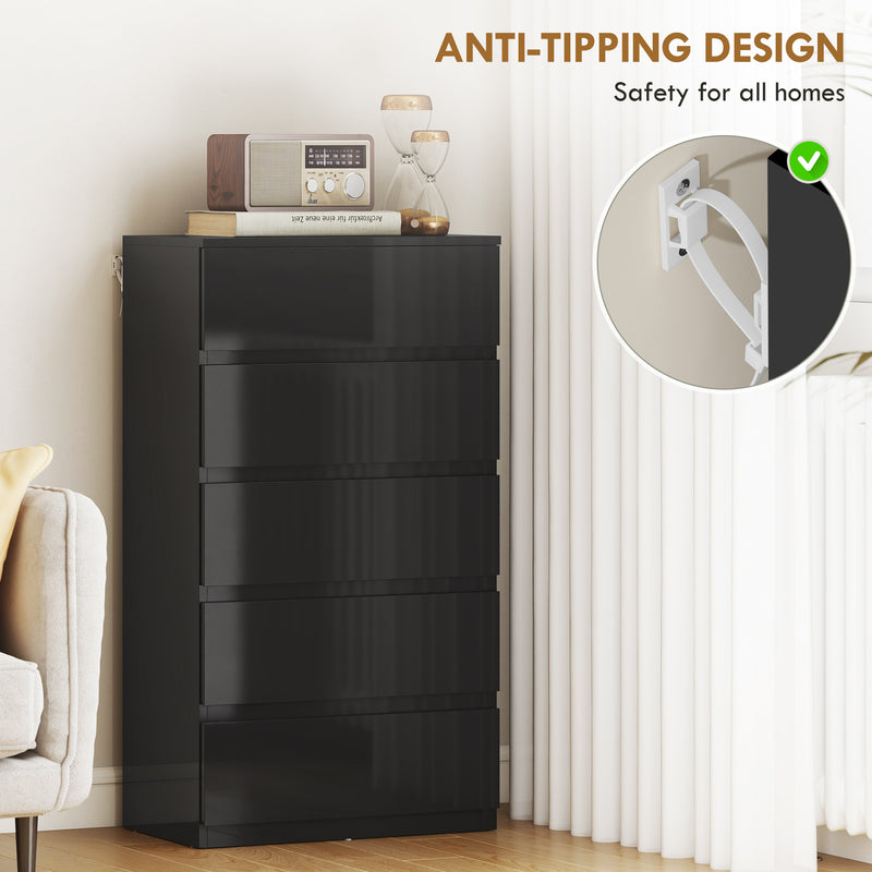 Chest of Drawers with 5 Spacious Handleless Storage Drawers for Bedroom Organisation High Gloss Black AOSOM