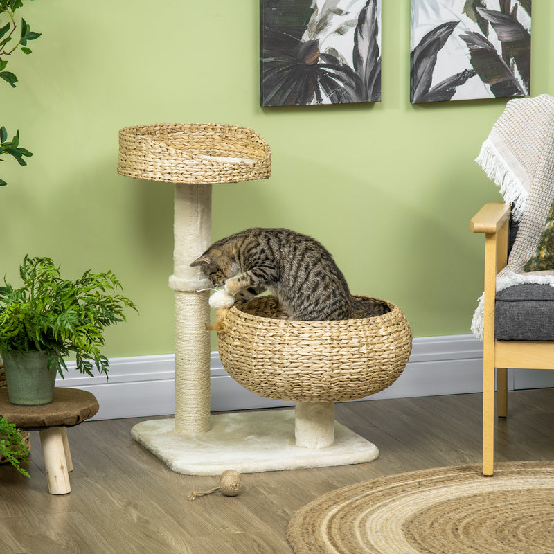 Cat Tree Tower With Sisal Scratching Post Two Soft Beds And Hanging Toy Ball Grey