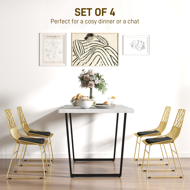 Set of 4 Metal Dining Chairs with Velvet Cushions and Cut Out Back for Kitchen, Gold Tone
