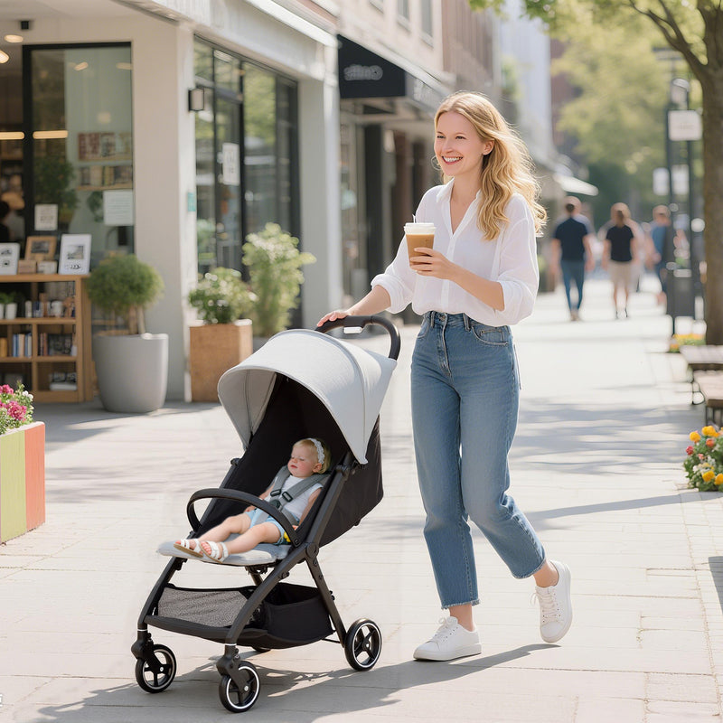 Lightweight Travel Stroller Compact Pushchair with Recline Canopy and Storage Basket Light Grey AOSOM