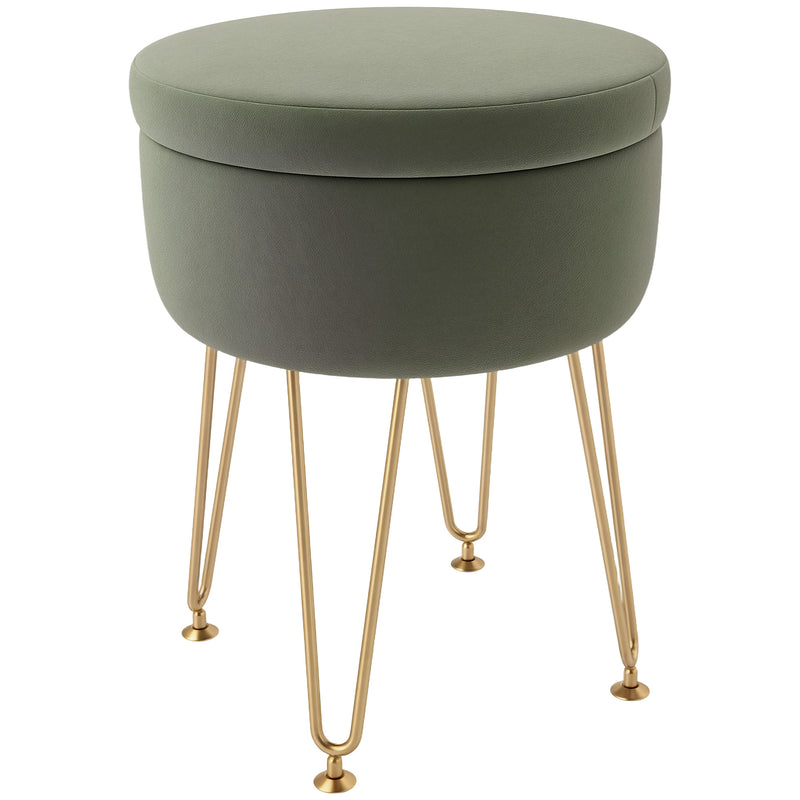 Round Storage Ottoman Footstool with Lid Green Velvet Feel Gold Legs by HOMCOM