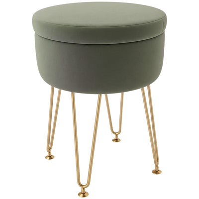 Round Storage Ottoman Footstool with Lid Green Velvet Feel Gold Legs by HOMCOM Homcom