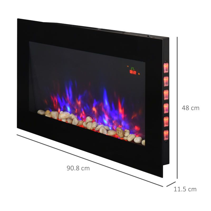 Black LED Wall Mounted Electric Fireplace With Curved Glass For Modern Living Rooms