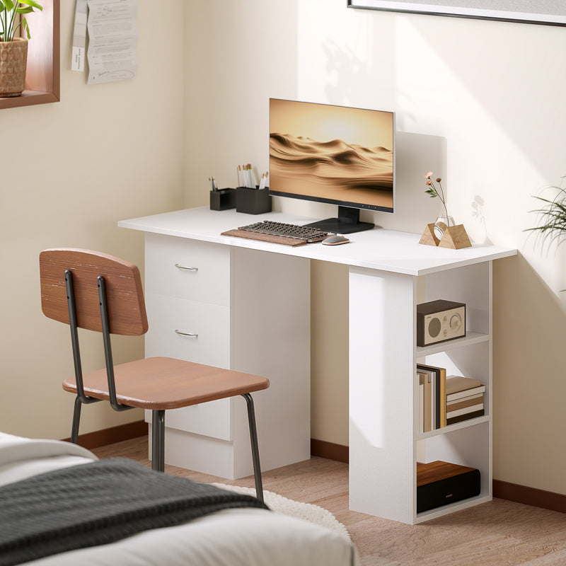 Computer Desk With Drawers and 3 Storage Shelves for Home Office Workstation, White