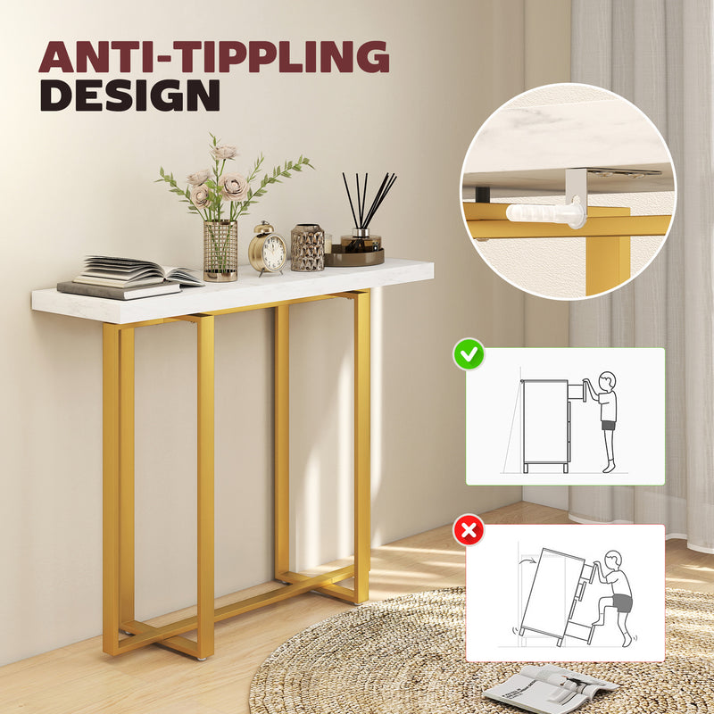 Narrow Console Table with Faux Marble Top and Steel Frame for Hallway Use White AOSOM