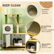 2 in 1 Hidden Cat Litter Box and Cat Tree with Scratching Posts and House, Oak