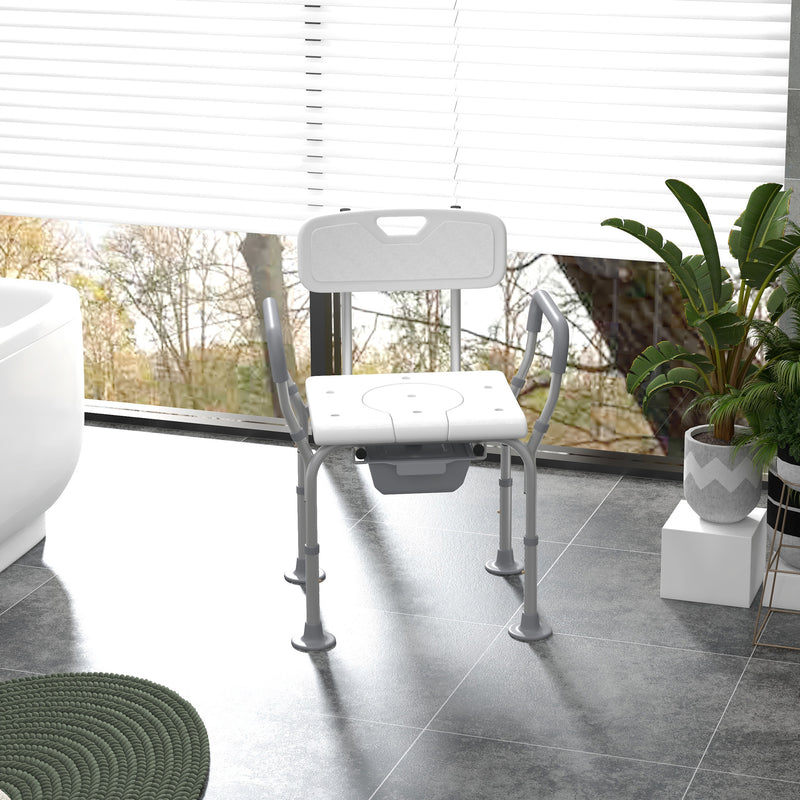 Height Adjustable Shower Stool with Arms Backrest and Removable Commode for Elderly, White