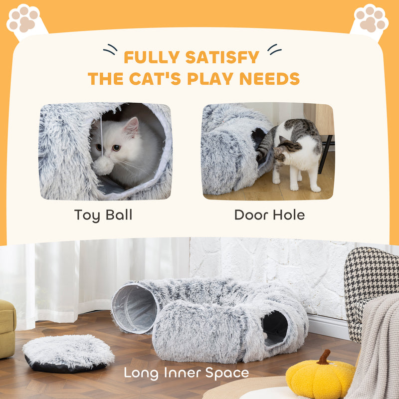 2 in 1 Donut Cat Tunnel Bed with Toy Ball and Door Hole for Indoor Play, Light Grey