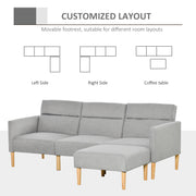 L Shaped Linen Fabric Corner Sofa Bed with Footstool and Wooden Legs for Living Room Light Grey