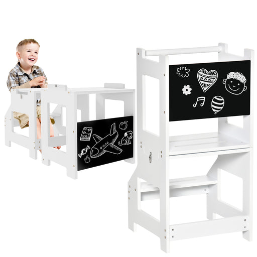 2 in 1 Toddler Kitchen Step Stool with Safety Rail and Chalkboard for Learning, White