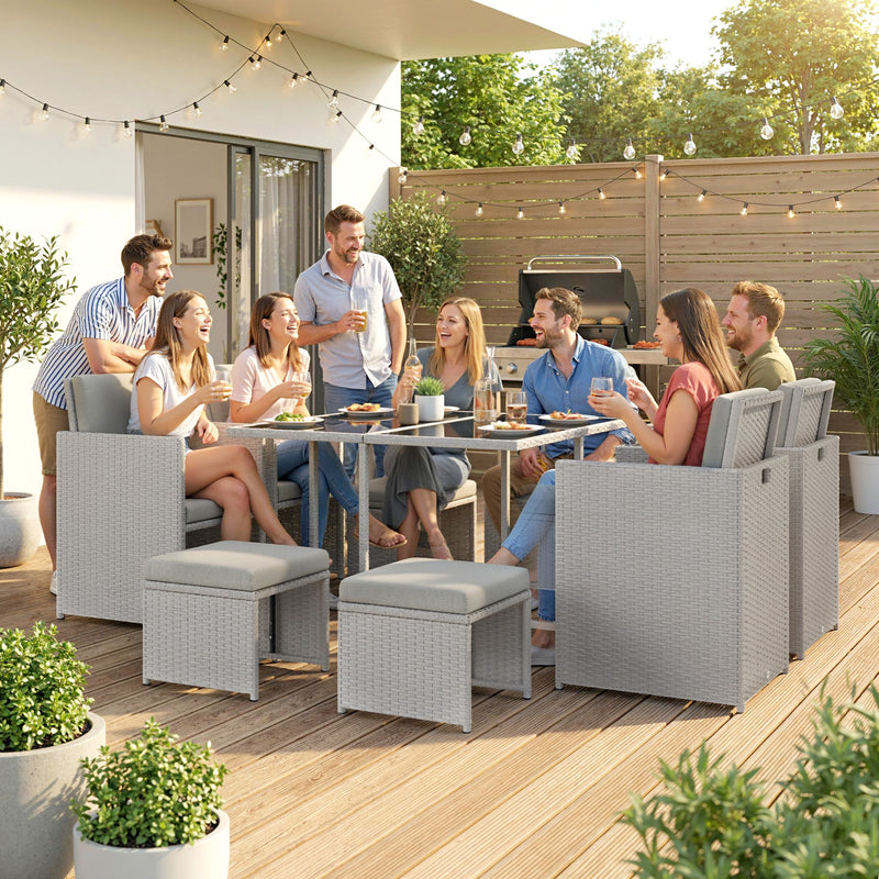 Rattan Cube Garden Dining Set for Family Meals with Cushions and Space Saving Design, Light Grey Outsunny