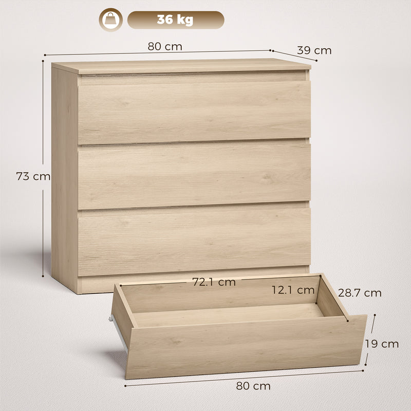 3 Drawer Chest for Organising Everyday Clothes with Handleless Design Oak