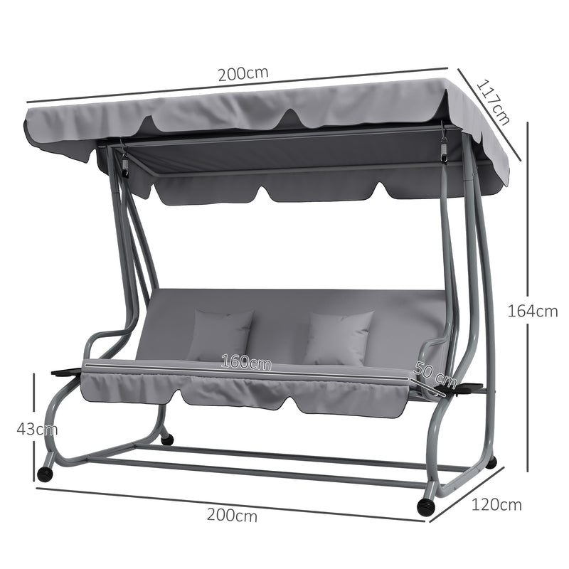 Three Seater Garden Swing Chair with Adjustable Canopy Light Grey by Outsunny