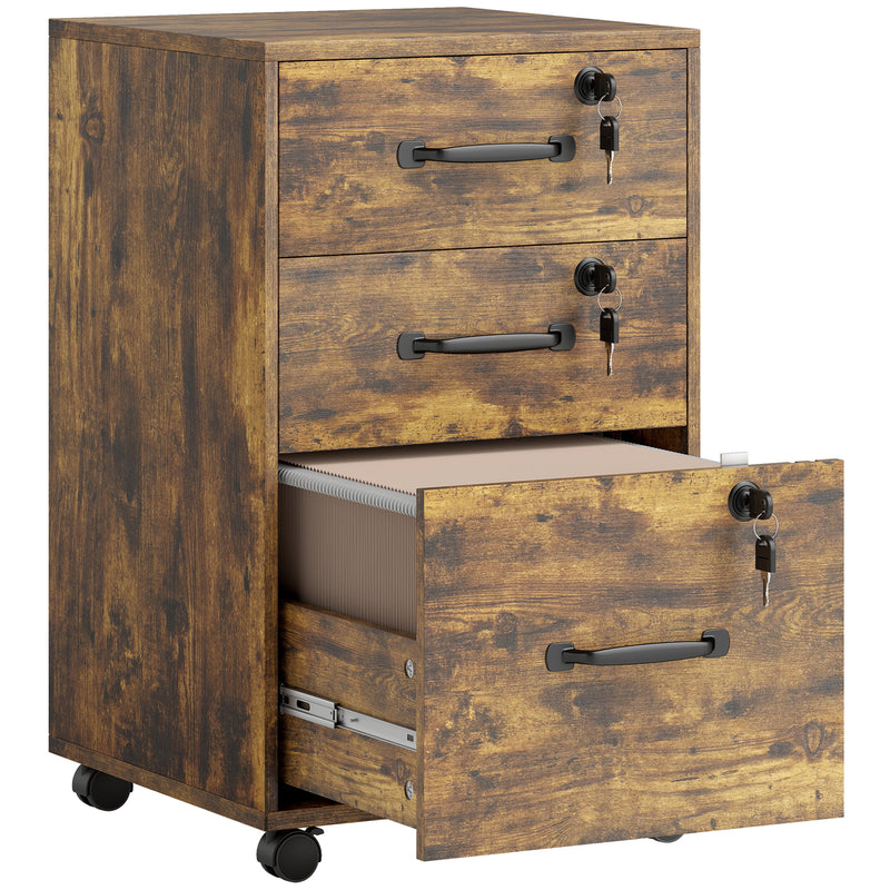 Three Drawer Wood Effect Filing Cabinet With Spacious Storage For Home Office, Rustic Brown