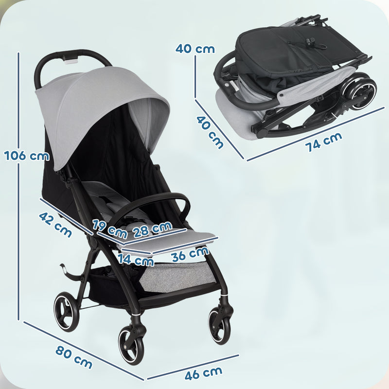 Lightweight Travel Stroller Compact Pushchair with Recline Canopy and Storage Basket Light Grey AOSOM