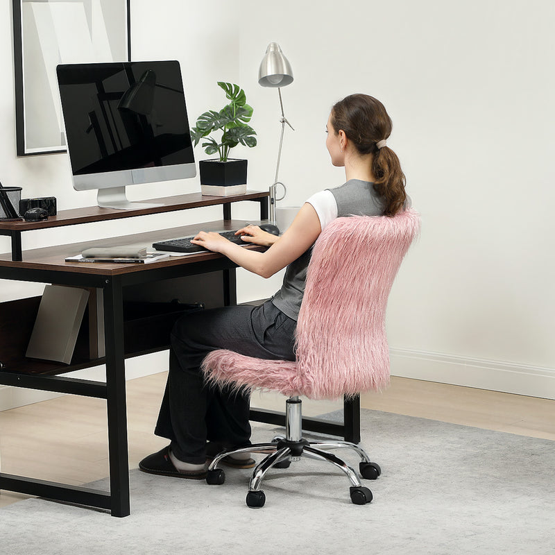 Plush Armless Swivel Office Chair with Adjustable Height for Home or Vanity Use, Pink