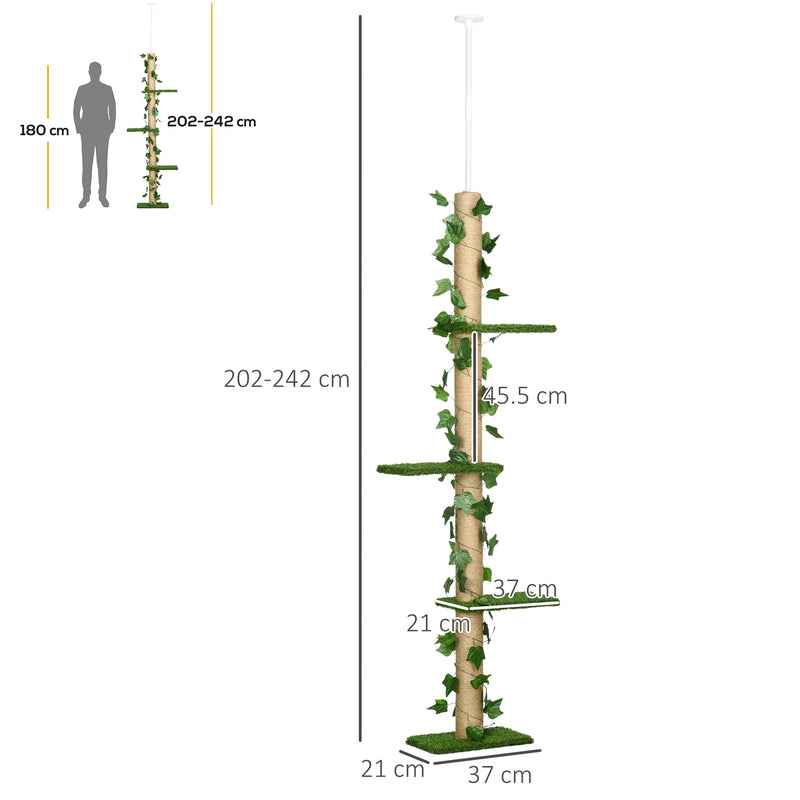 Adjustable Floor To Ceiling Cat Tree With Perches Anti Slip Base And Faux Plants Green