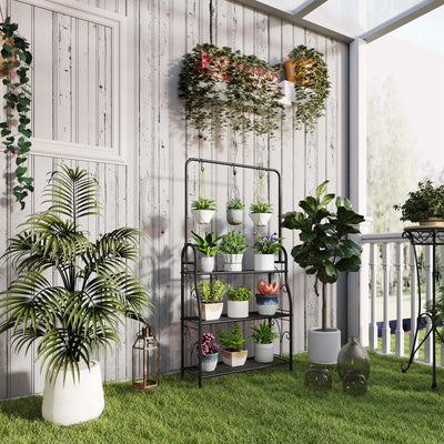 Black 3 Tier Metal Plant Stand with Hanging Rod and Hooks for Indoor and Outdoor Use by Outsunny