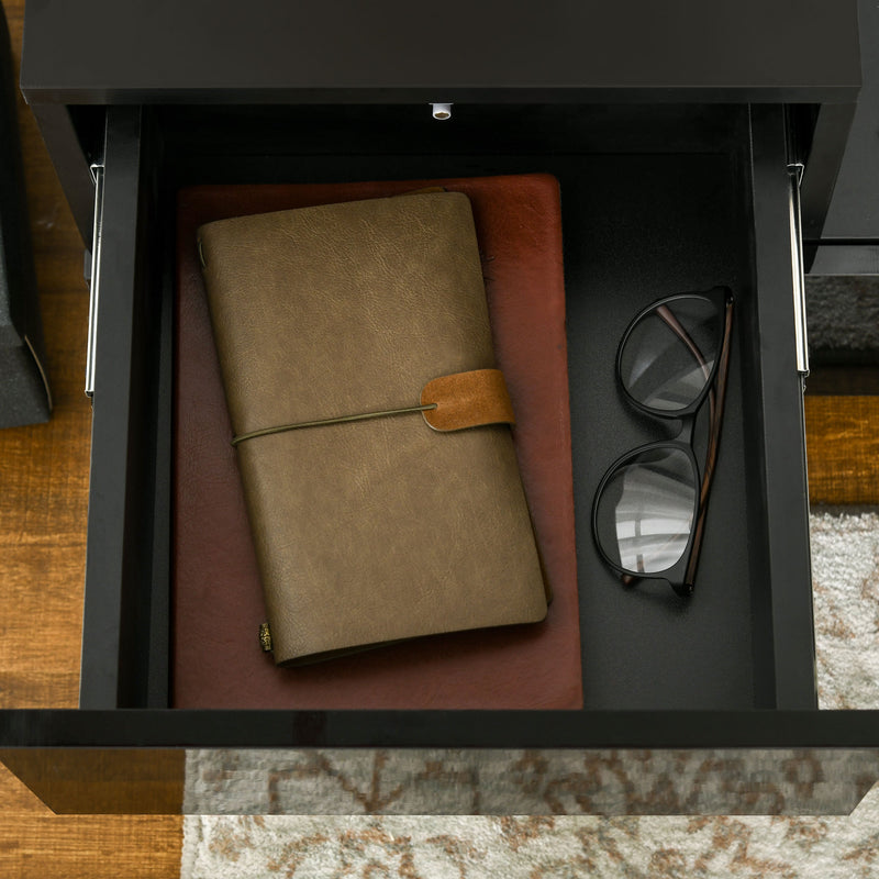 Black High Gloss Bedside Table with RGB LED Lights and Storage Drawers for Bedroom