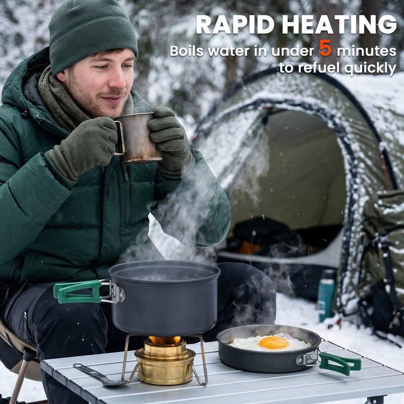 Camping Cookware Set for Two with Quick-Heating Pans and Space-Saving Nesting Design Grey Green