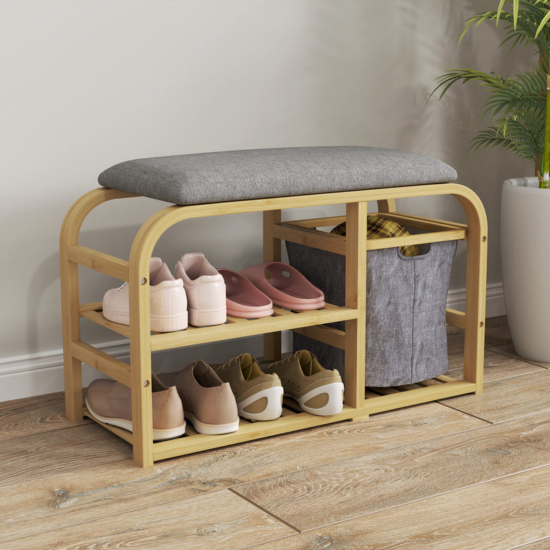 Bamboo Shoe Rack Bench with Padded Seat Natural Wood Finish by HOMCOM