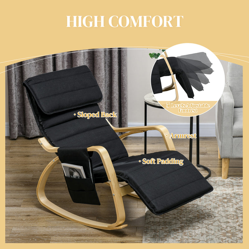 Reclining Rocking Lounge Chair with Footrest Pillow and Side Pocket for Home Relaxation Black