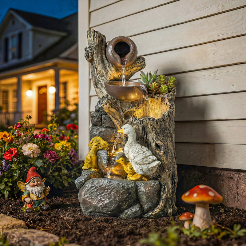 Garden Water Fountain with 5-Tier Cascading Waterfall and Warm White LED Lights Mixed Colour AOSOM