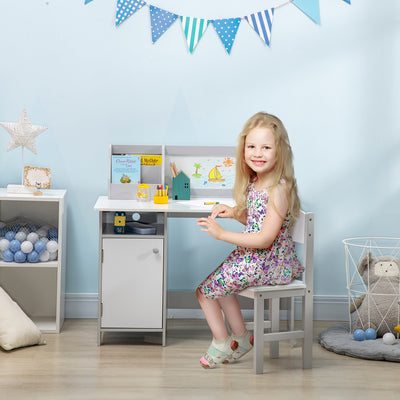 Kids Table and Chair Set with Whiteboard Surface for Drawing and Learning, Grey