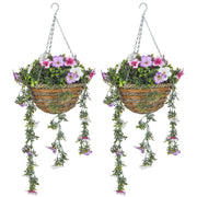 Set of 2 Artificial Azalea Hanging Baskets Pink and White Faux Silk Flowers by HOMCOM