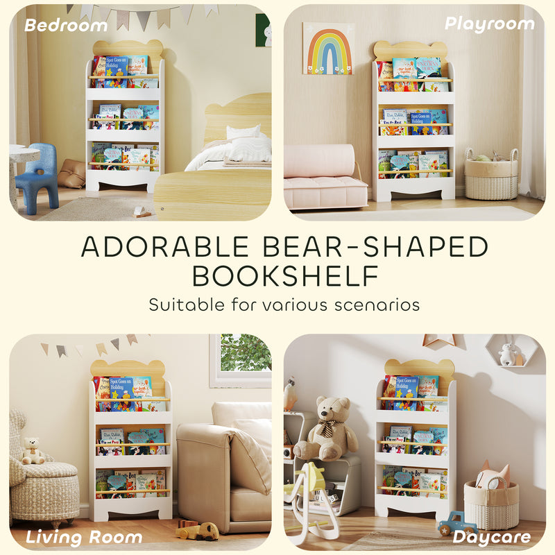 3 Tier Kids Bookshelf With Bear Design Space Saving Bookcase For Bedroom Or Playroom White AOSOM
