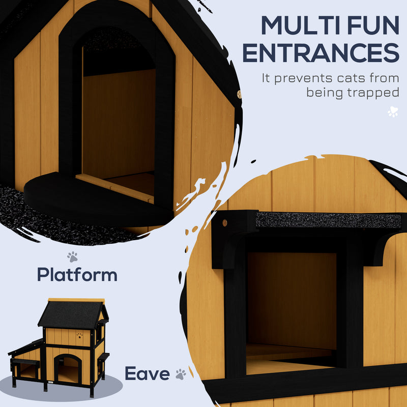 Yellow Wooden Outdoor Cat House with Plant Holder Multiple Entrances and Roof by Pawhut