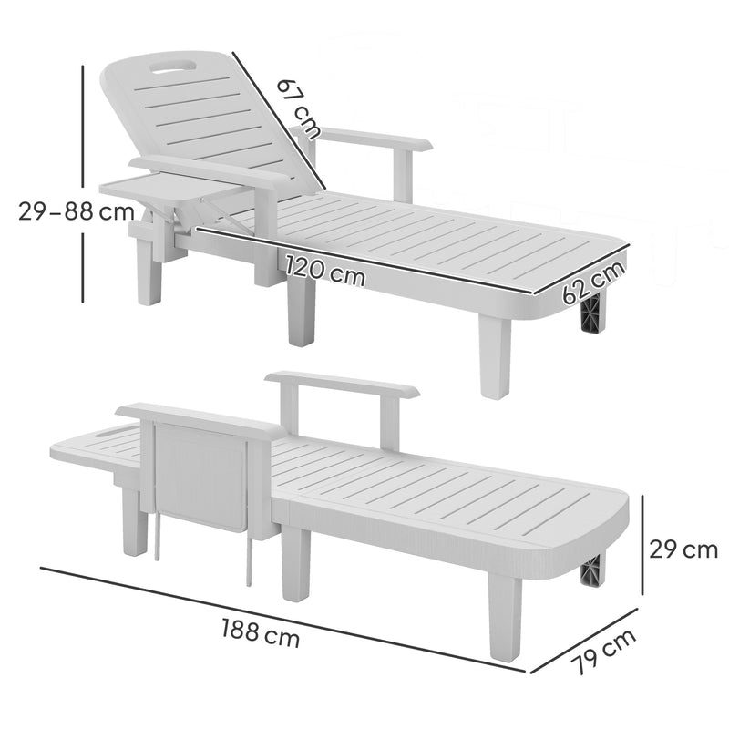 Set of 2 White Reclining Sun Loungers with Foldable Table for Garden and Beach by Outsunny